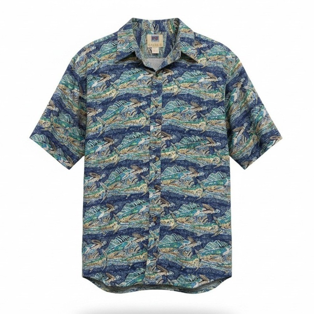 Kahala AVI‎ Collection Mens XL Hawaiian Shirt Blue Flying Fish Cotton Hawaii